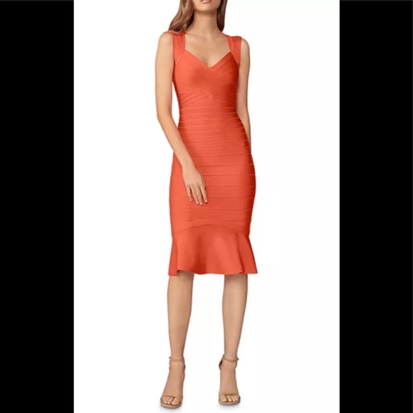 Herve Leger sweetheart bandage flare hem orange dress Herve Leger sweetheart bandage flare hem orange dress